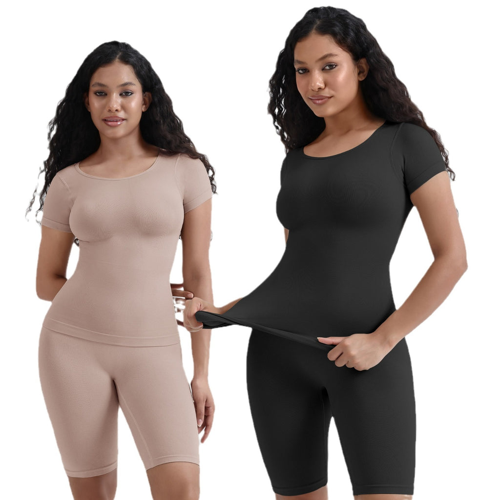 Round Neck Short Sleeve Shapewear and Tummy Control Pants Set