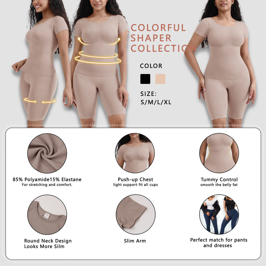 Round Neck Short Sleeve Shapewear and Tummy Control Pants Set