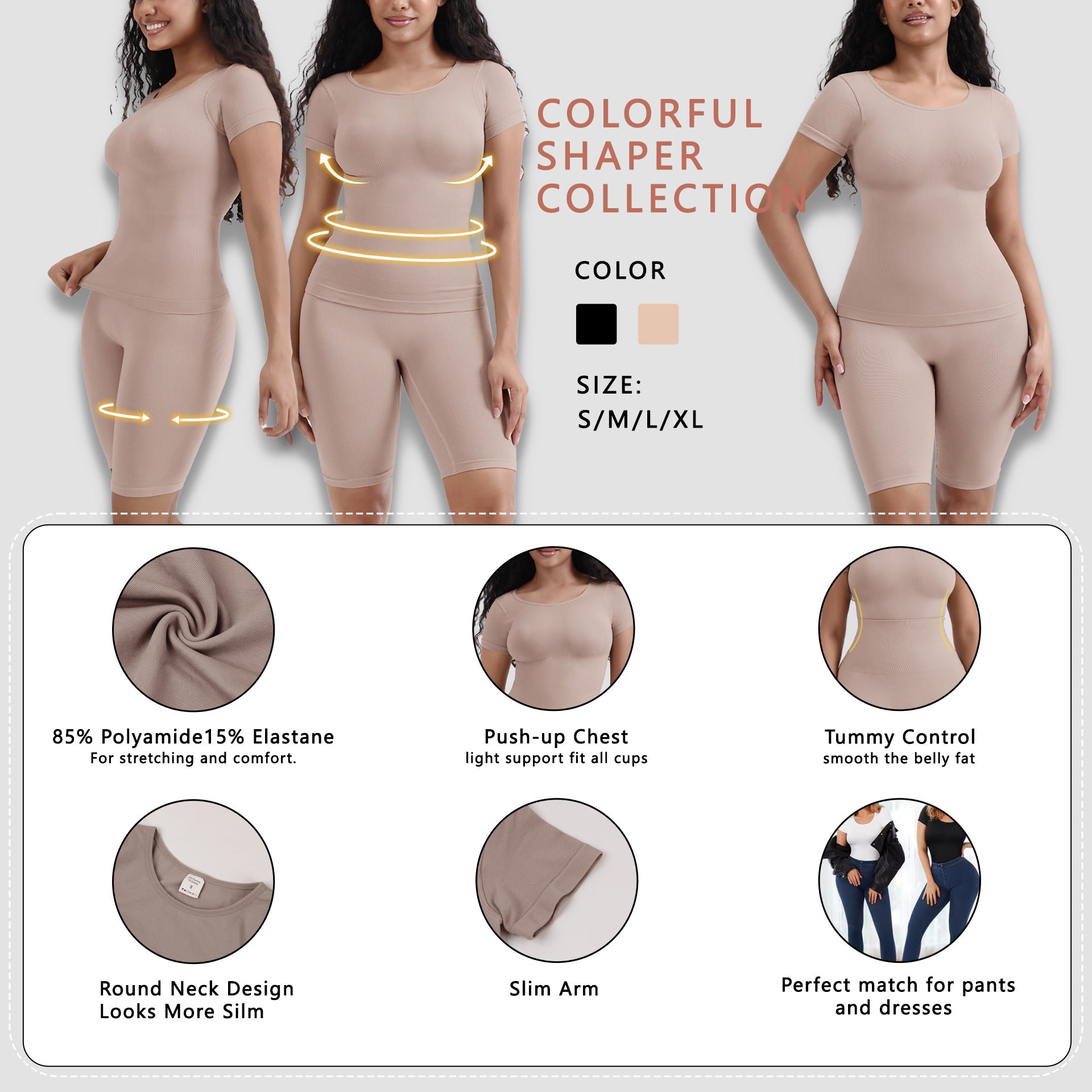 Round Neck Short Sleeve Shapewear and Tummy Control Pants Set