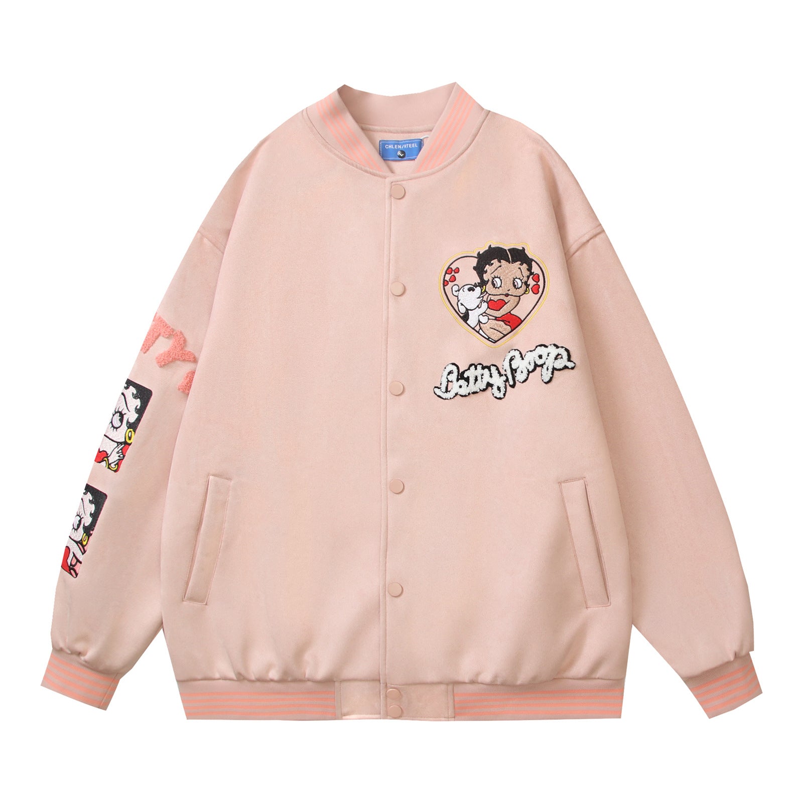 Cartoon Flocking Embroidery Unisex Loose Casual Baseball Jacket Coat