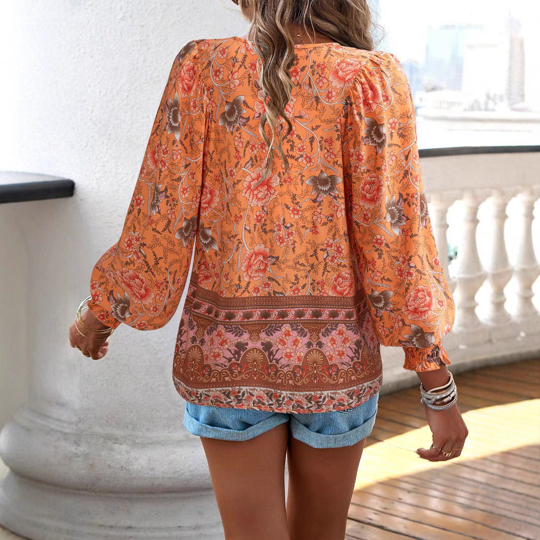 Printed V-neck lace up long sleeved shirt for women