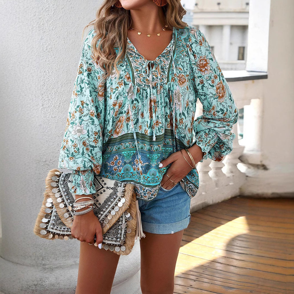 Printed V-neck lace up long sleeved shirt for women