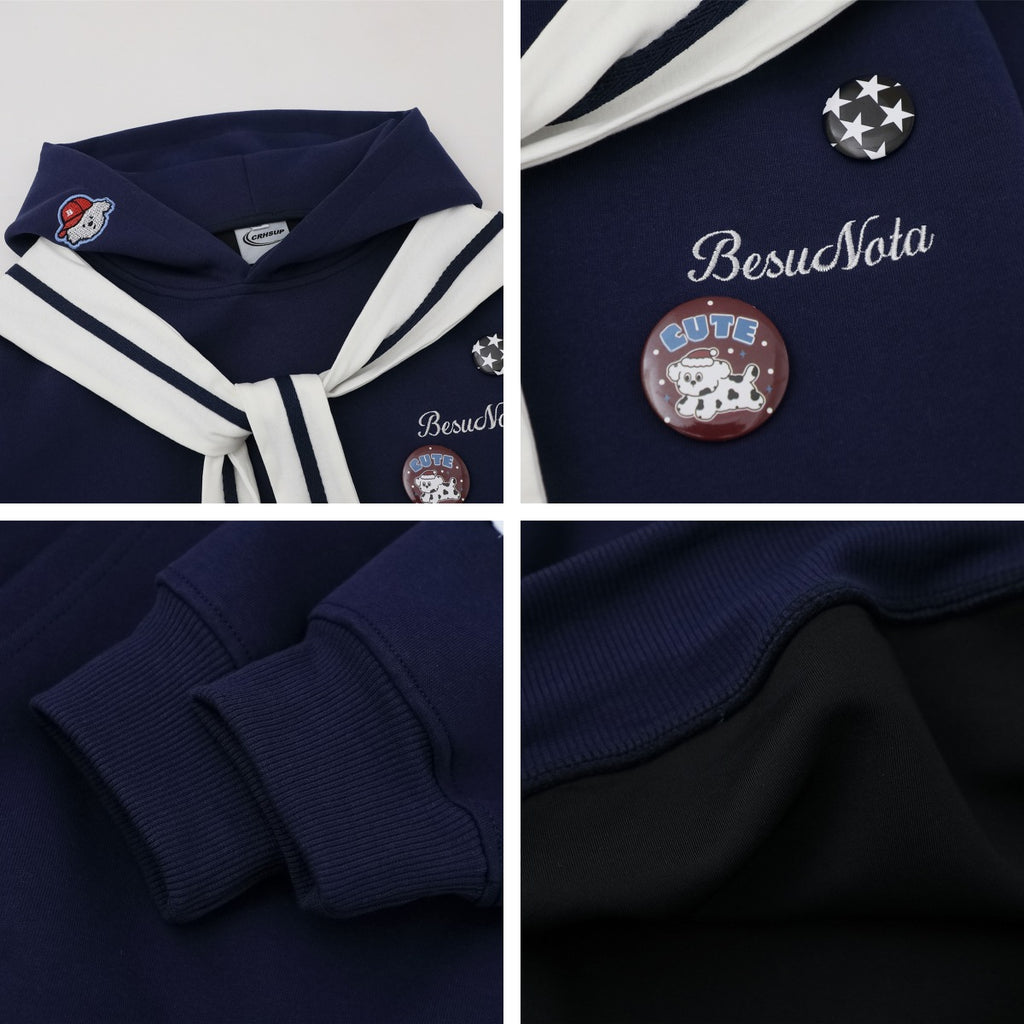 Embroidered Dog Patch Sailor Collar Hoodie