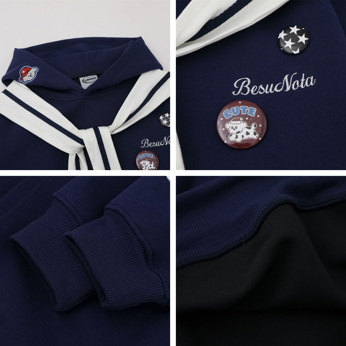 Embroidered Dog Patch Sailor Collar Hoodie