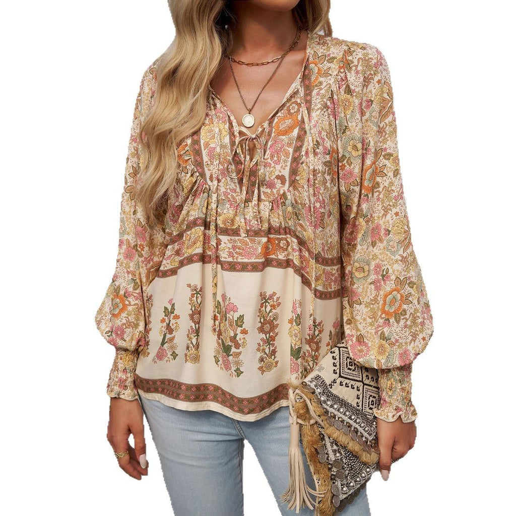 Printed V-neck lace up long sleeved shirt for women