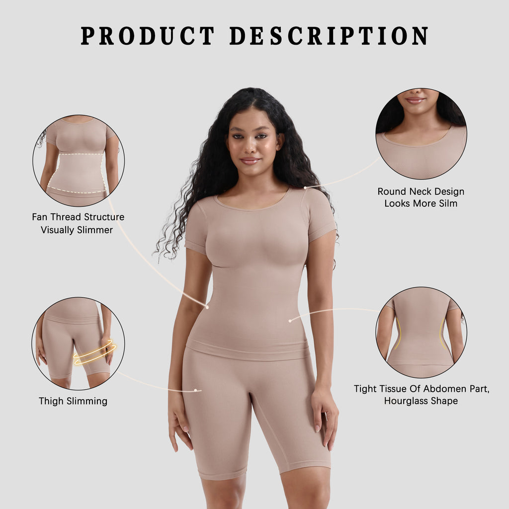 Round Neck Short Sleeve Shapewear and Tummy Control Pants Set