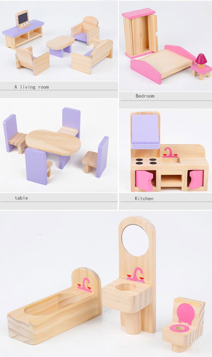 Wooden Dollhouse W/ Furniture - Laven Club