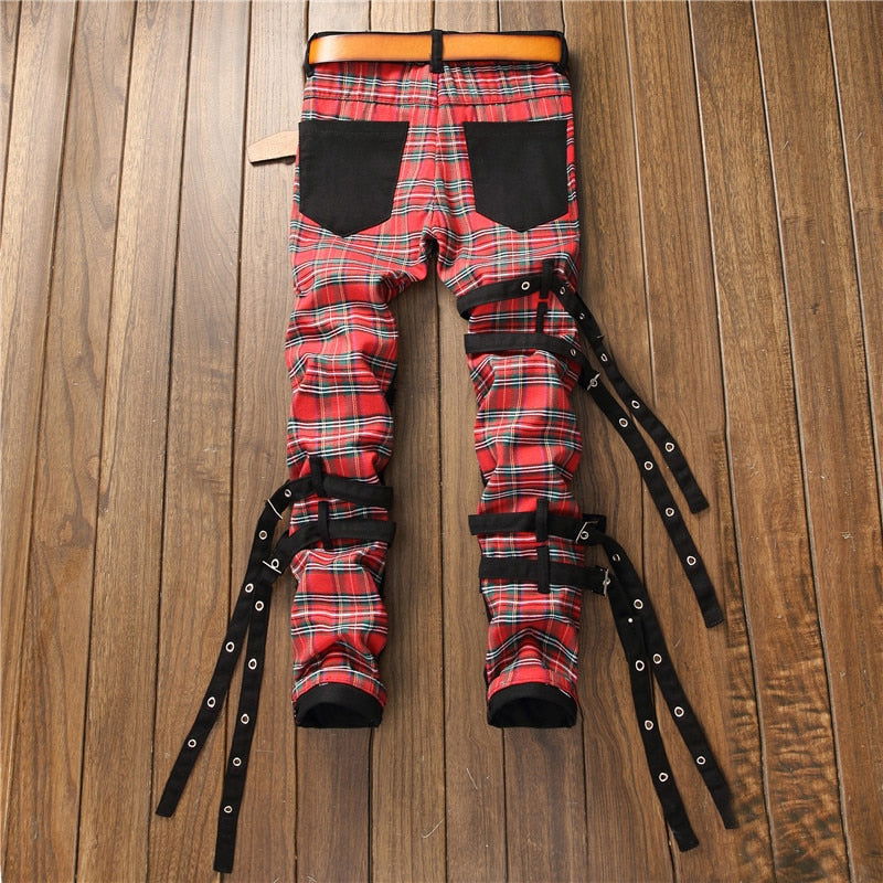 Men's Plaid Patchwork Skinny Jeans - Laven Club