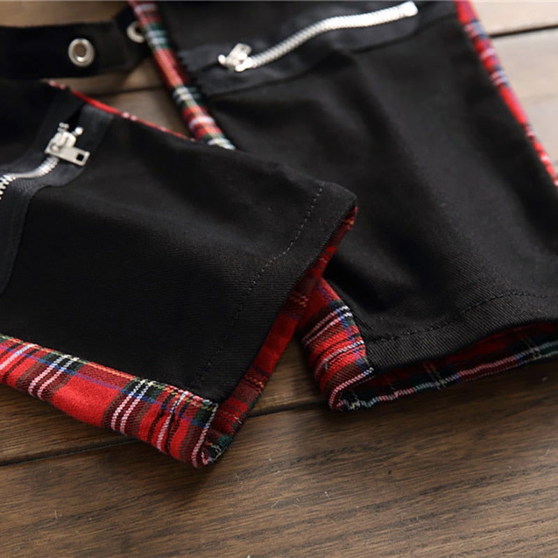 Men's Plaid Patchwork Skinny Jeans - Laven Club