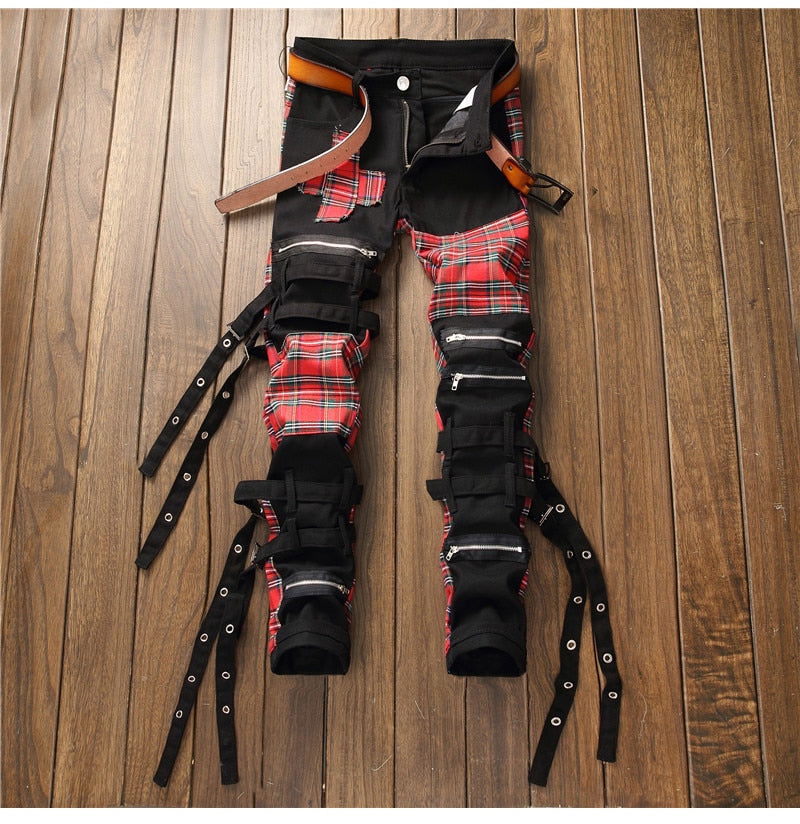 Men's Plaid Patchwork Skinny Jeans - Laven Club