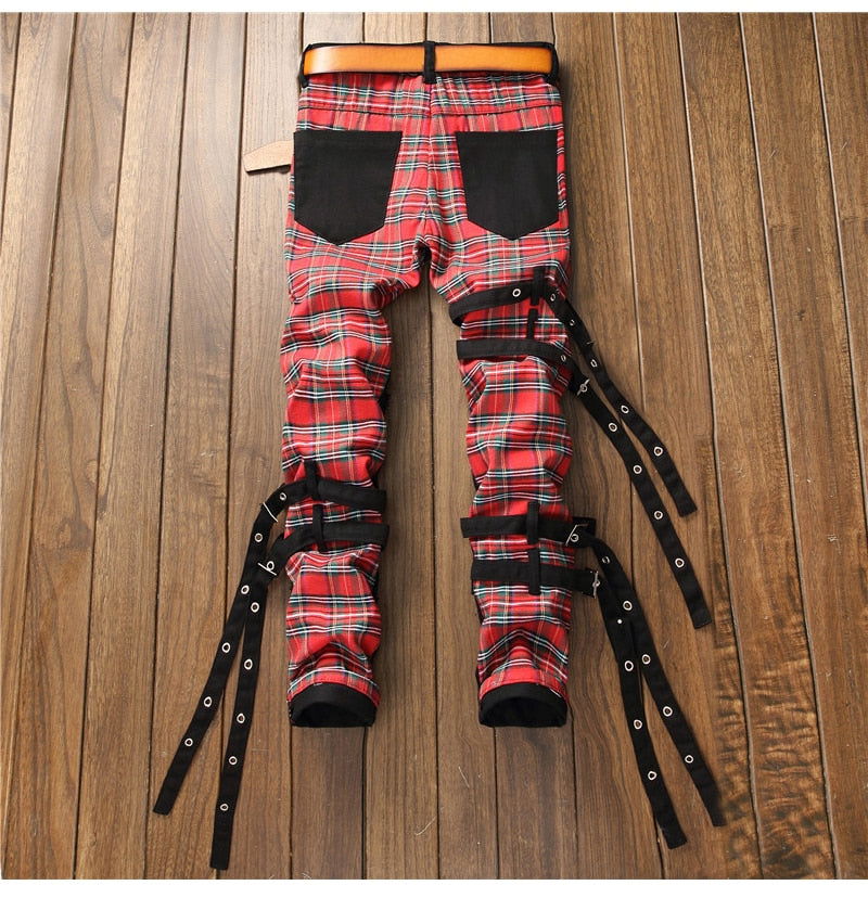 Men's Plaid Patchwork Skinny Jeans - Laven Club