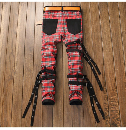 Men's Plaid Patchwork Skinny Jeans - Laven Club