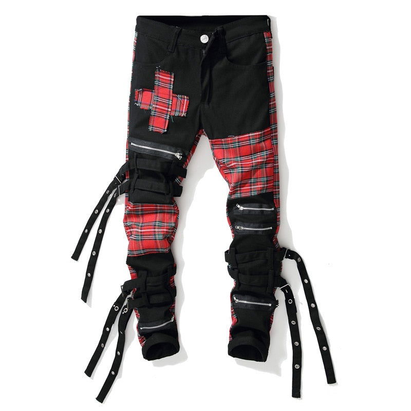 Men's Plaid Patchwork Skinny Jeans - Laven Club