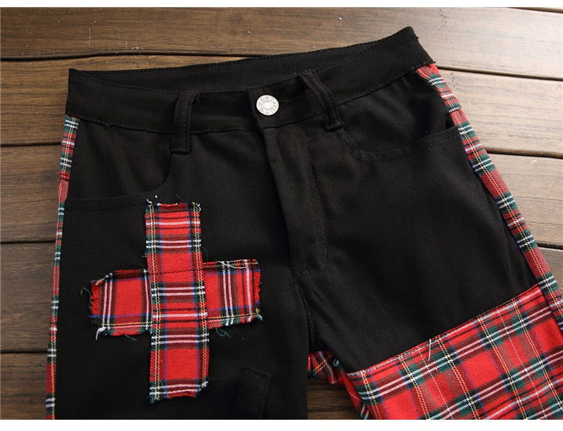 Men's Plaid Patchwork Skinny Jeans - Laven Club