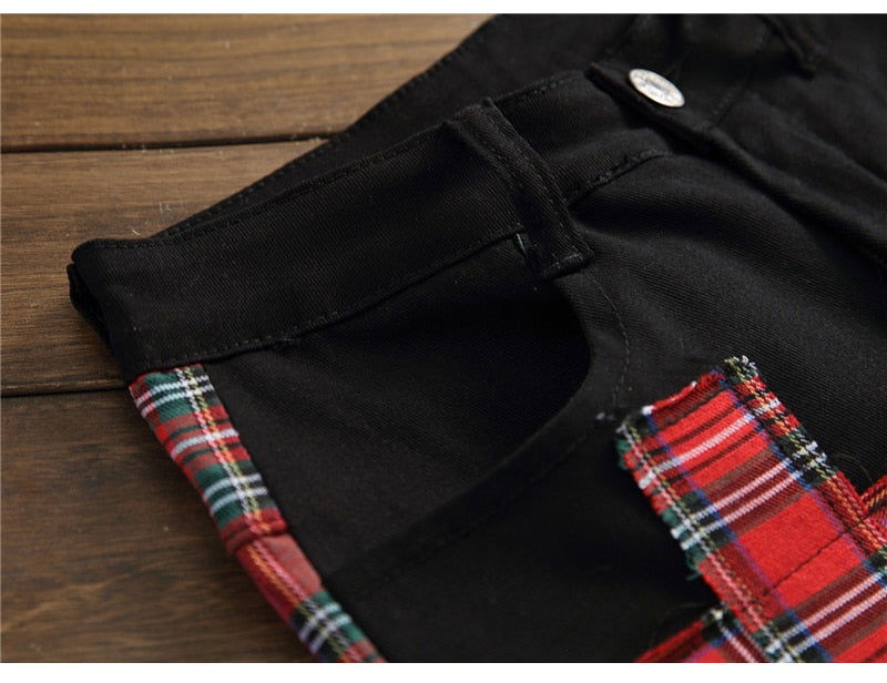 Men's Plaid Patchwork Skinny Jeans - Laven Club