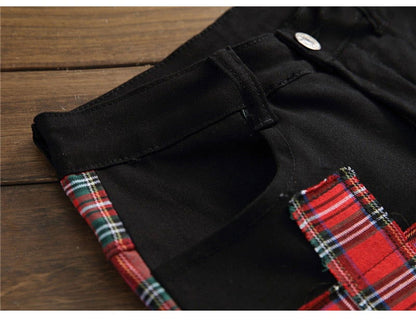 Men's Plaid Patchwork Skinny Jeans - Laven Club