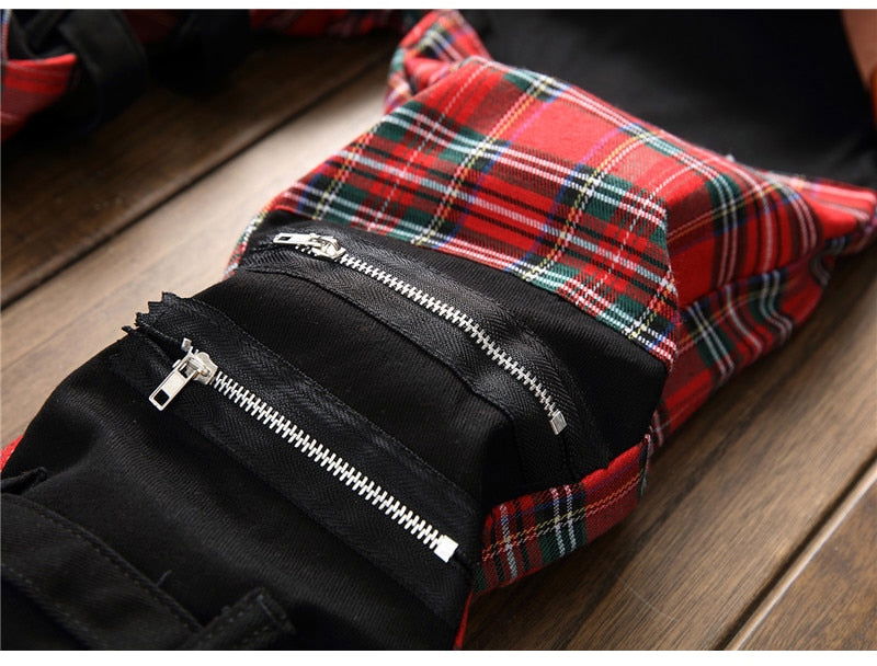Men's Plaid Patchwork Skinny Jeans - Laven Club
