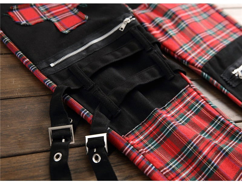 Men's Plaid Patchwork Skinny Jeans - Laven Club