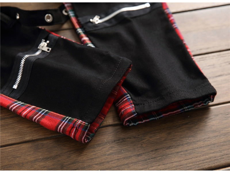 Men's Plaid Patchwork Skinny Jeans - Laven Club
