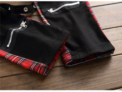 Men's Plaid Patchwork Skinny Jeans - Laven Club