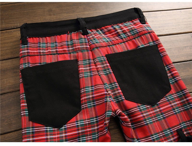 Men's Plaid Patchwork Skinny Jeans - Laven Club