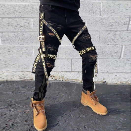 Mens Skinny Strapped Cargo Jeans- Black & Cream - Laven Club