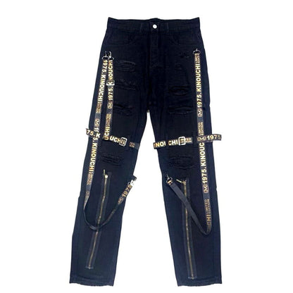 Mens Skinny Strapped Cargo Jeans- Black & Cream - Laven Club