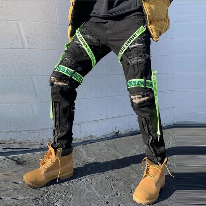 Mens Skinny Strapped Cargo Jeans- Black & Cream - Laven Club