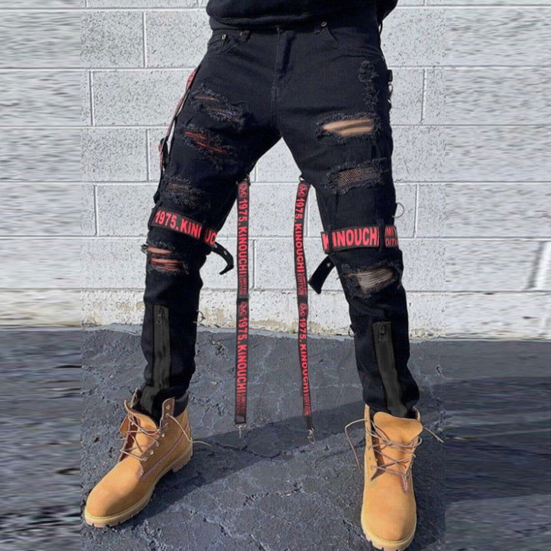 Mens Skinny Strapped Cargo Jeans- Black & Cream - Laven Club
