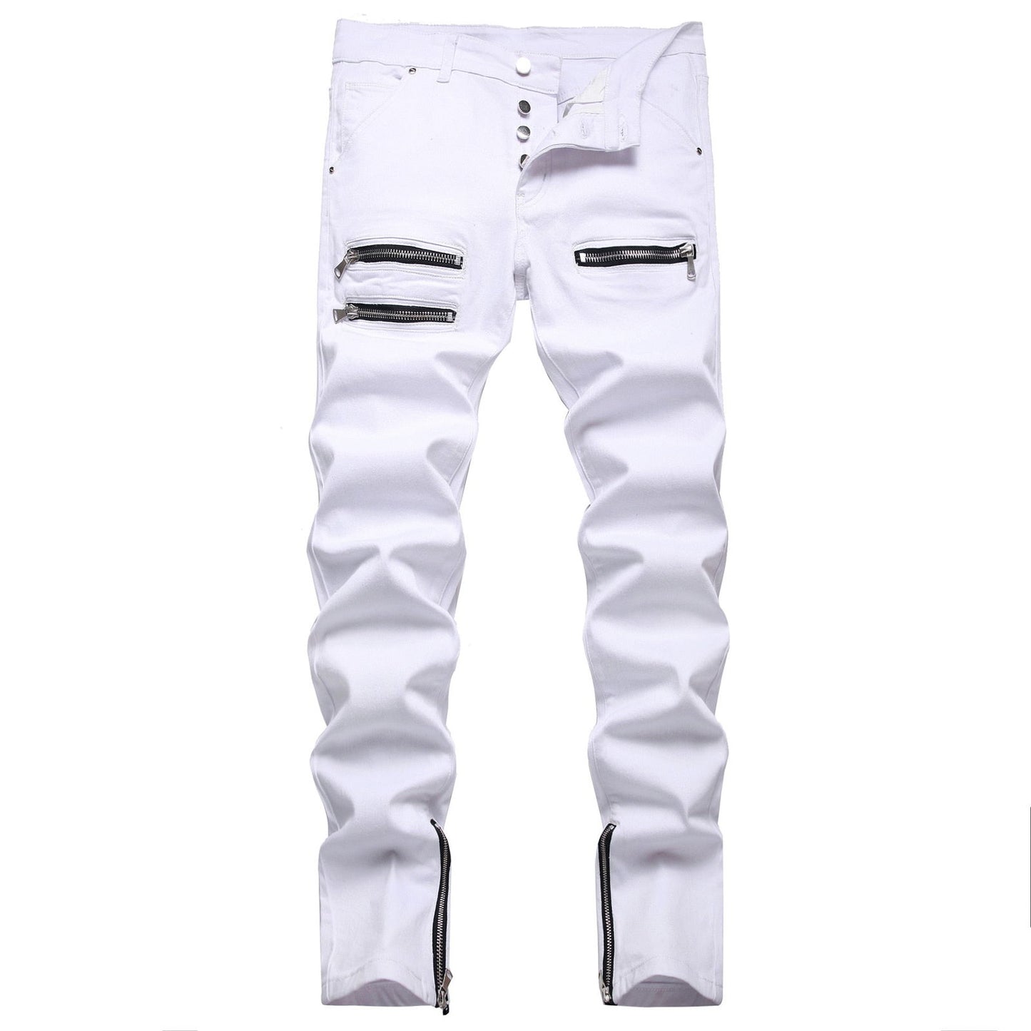 White Tri-Zipper Ripped Skinny Jeans - Laven Club