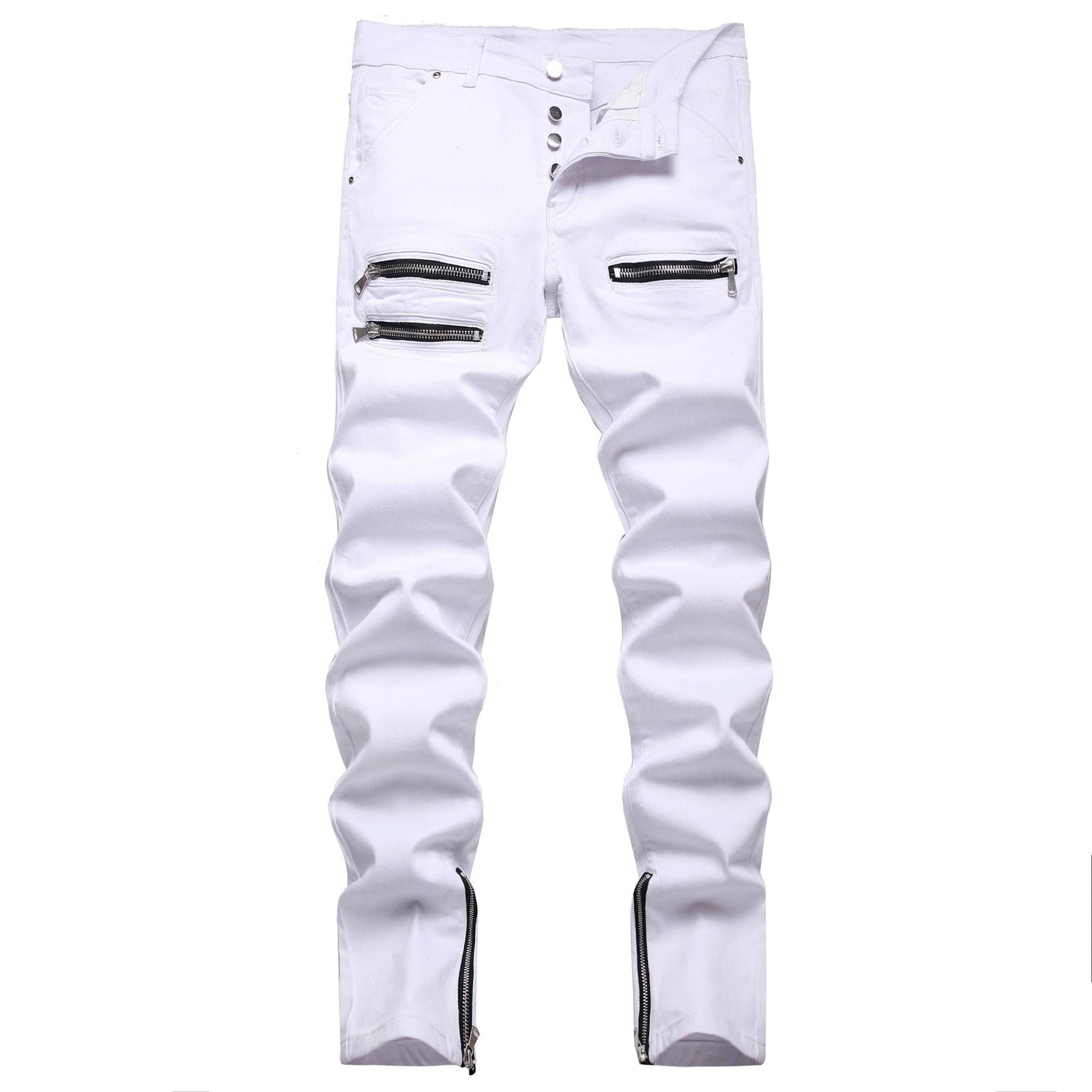 White Tri-Zipper Ripped Skinny Jeans - Laven Club