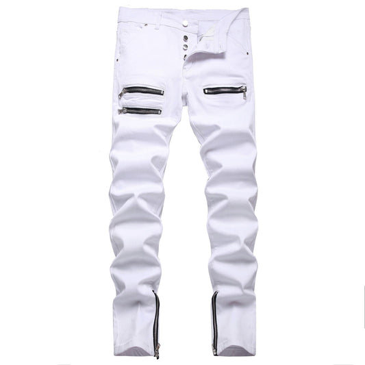 White Tri-Zipper Ripped Skinny Jeans - Laven Club