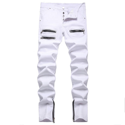 White Tri-Zipper Ripped Skinny Jeans - Laven Club